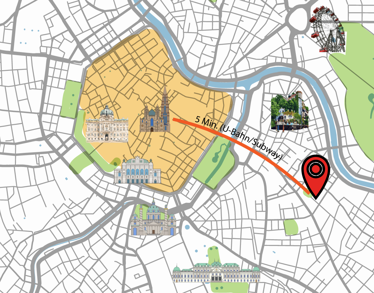 Close up map of central vienna, showing the central location of Hotel Spiess & Spiess